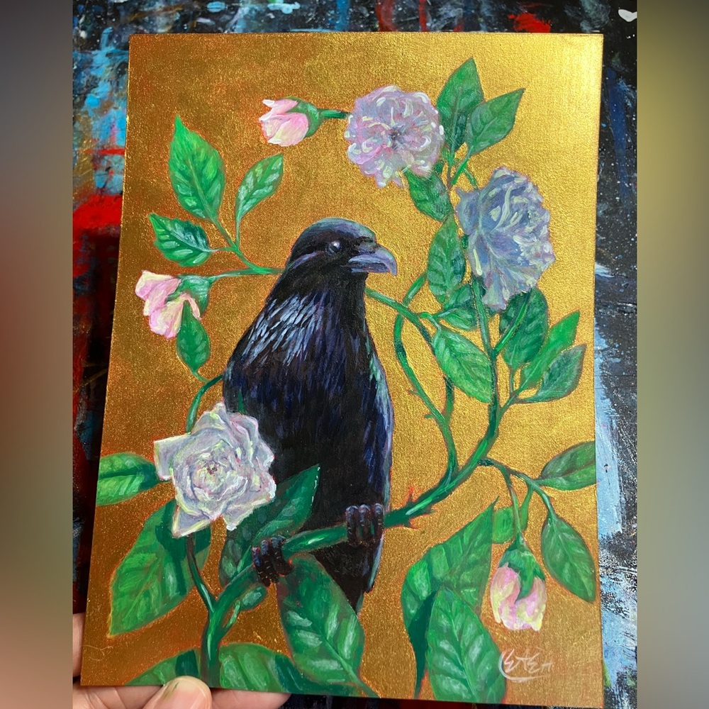 Original painting Raven Art Crow Bird Roses Gold Wall Decor handmade Artwork USA
